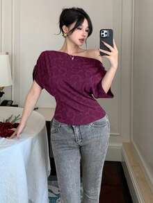 DAZY Women's Solid Color Batwing Short Sleeve Ruched Fashion T-Shirt Summer - Burgundy - View 4