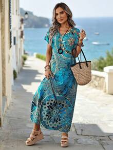EMERY ROSE Women's Vintage Floral Print V-Neck Batwing Sleeve Casual Summer Dress Maxi Women Dresses Long Dress - Multicolor - View 7