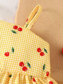 SHEIN Vintaside Kids 2pcs/Set Baby Girl Spring&Summer Vacotion Style Cherry&Plaid Printing Slip Top&Short Pants Cherry Toddler Set - Yellow - View 7