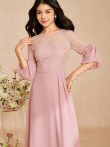 Elegant Flowing Lace Patchwork Chiffon Long Sleeve Waist Flared Long Dress, Suitable For Weddings, Formal Occasions, Parties, Performances, Birthdays, All Seasons - Pink - View 6