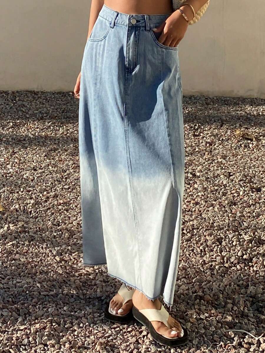 DAZY Faded Gradient Western Cowgirl A-Line Long Casual Vacation Denim Skirt For Women, Spring/Summer - Blue - View 1