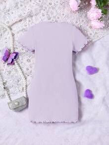 Tween Girl Basic Casual Spring/Summer Knit Round Neck Fitted Butterfly Applique Dress - Mauve Purple - View 2