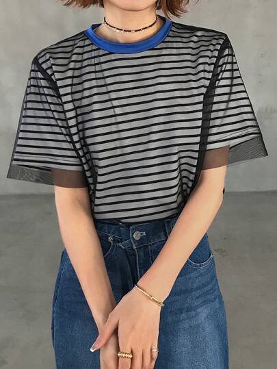 FRIFUL 女士条纹网眼拼接短袖T恤