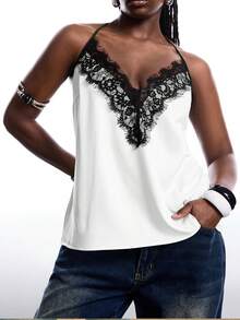 SHEIN EZwear 大码蕾丝缎面拼接吊带背心，休闲度假风 - 白色 - 查看 4