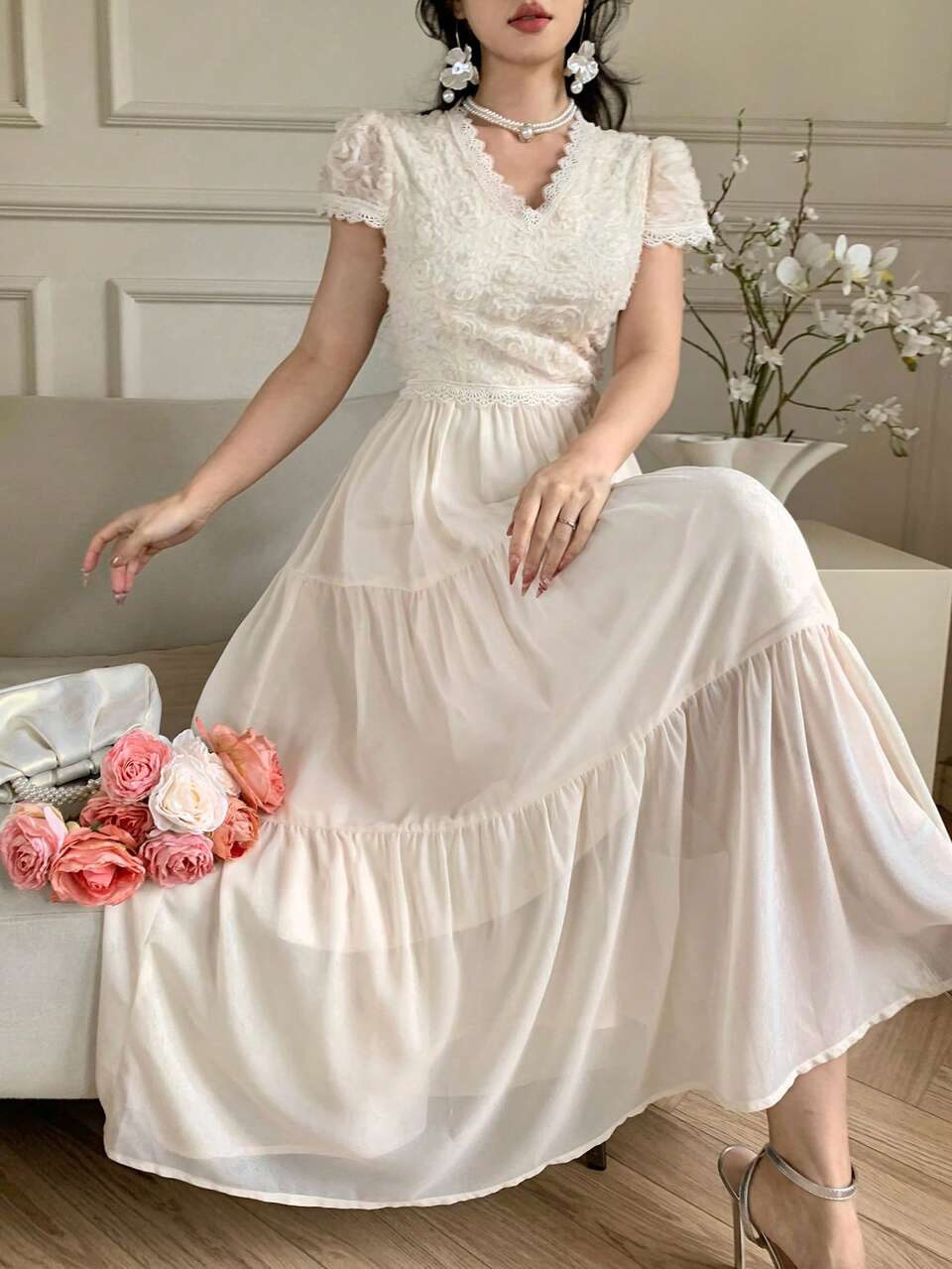 Lace Patchwork Sheer Dress, Elegant V-Neck Long Dress For Women, Summer Sundress