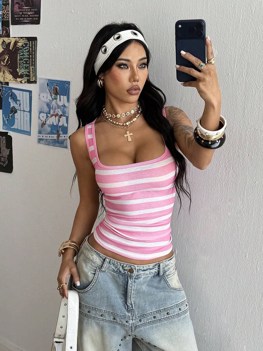 StreetHx Women's Fashionable Pink & White Striped Print Square Neck Bodycon Tank Top - Multicolor - View 1