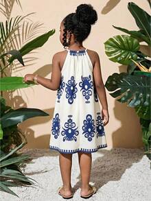 Young Girl Vacation Summer Totem Tropical Plant & Floral Pattern Halter A-Line Dress - Blue and White - View 2