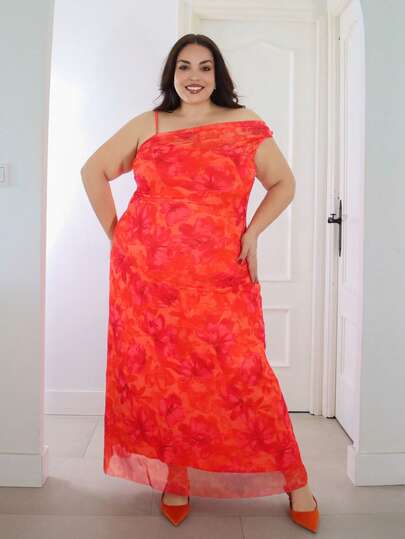 Pretty and Ole 加大码女式优雅简约时尚基本休闲工作办公室通勤影响者音乐节海滩度假网状透明不对称领口褶皱修身无袖长裙