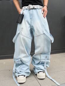 Manfinity EMRG Men's Casual Streetwear Multi-Pocket Distressed Denim Jeans - Light Wash - View 3