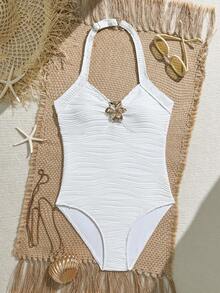 SHEIN 少女连体泳衣，白色波浪花纹面料，金属花朵装饰，沙滩度假 - 白色 - 查看 6