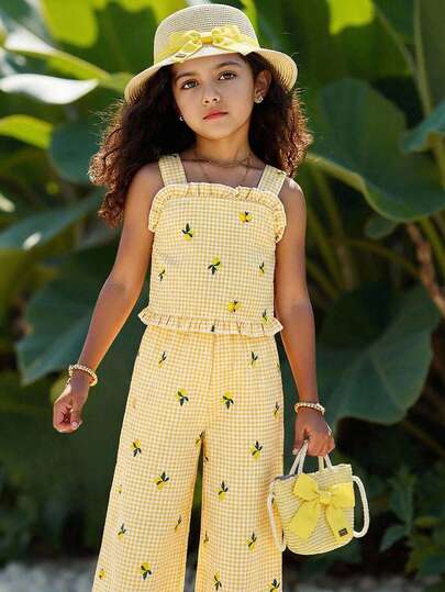 SHEIN Playful Pals 2pcs/Set Girls Casual Yellow Camisole Top And Pants Set, Summer