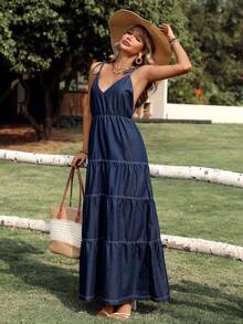 Breezaya Women's Backless Spaghetti Strap Extra Long Denim Dress, Vacation - Dark Wash - View 5