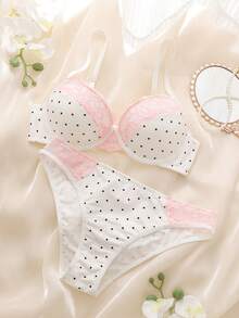 DelicateAllure 2pcs Pink Lace Patchwork Polka Dot Bra Set, High Support Underwire Lift & Gather, Cute & Charming Women's Lingerie Set - Black and White - View 3