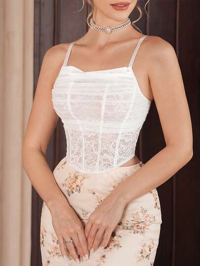 Vintage Lace Contrast Mesh Fishbone Backless Tie Blouse