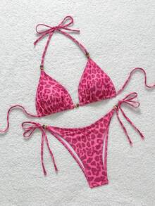Soleia 女士豹纹撞色系带串珠装饰比基尼两件套，度假装 - 玫紅色 - 查看 3