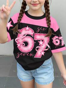少女休闲撞色趣味数字67蝴蝶结星星印花宽松短袖T恤，运动风，适合夏季穿着 - 彩色 - 查看 3