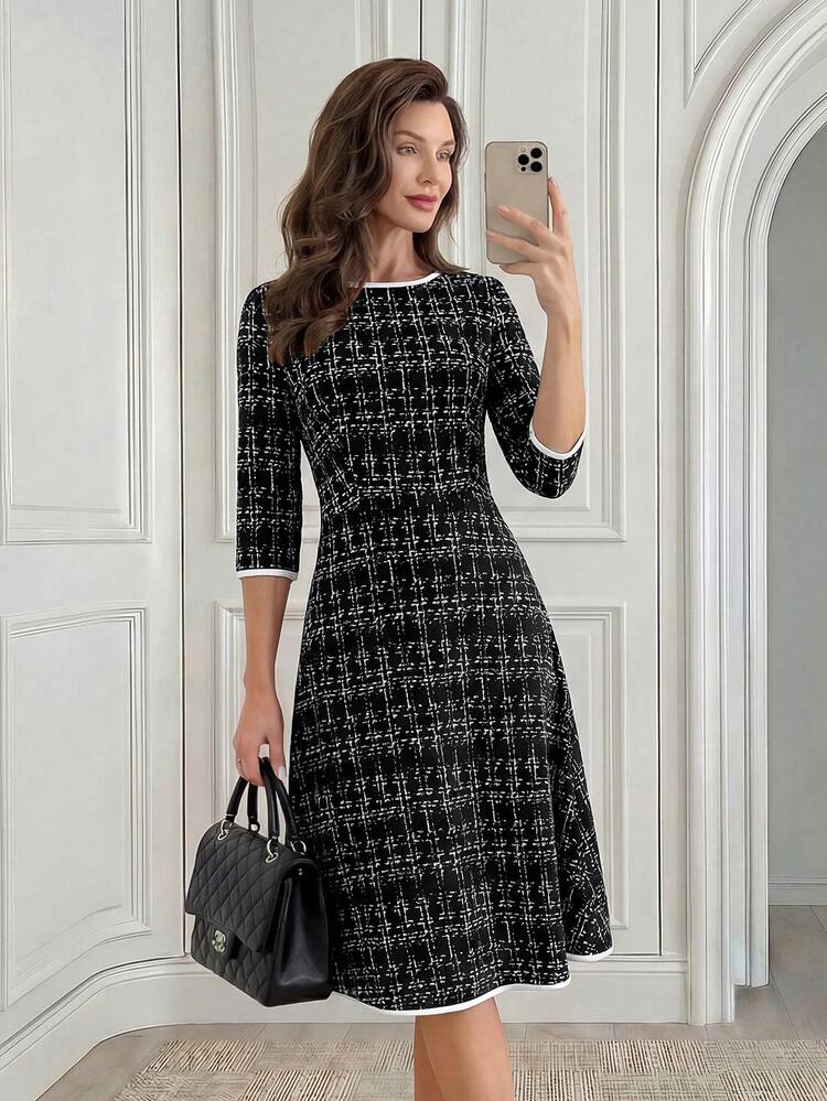 Women's Elegant Plaid Print Contrast Binding Waist Knee-Length Dress, Suitable For Work And Commute, Spring/Autumn Women Dresses Autumn Winter Elegant Dresses For Women Elegant Dresses Going Out Outfit
