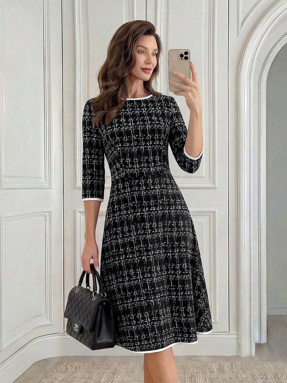 Women's Black And White Checkered Elegant Plaid Contrast Binding Knee-Length Dress,Ellegant Office Outfit Suitable For Work,Autumn Winter Dresses