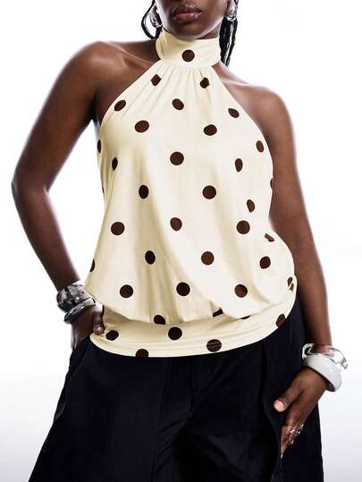 LYSMO Plus Size Yellow Polka Dot Tie Neck Bowknot Zipper Casual Tank Top, Suitable For Spring & Summer Polka Dot Top, Going Out Tops