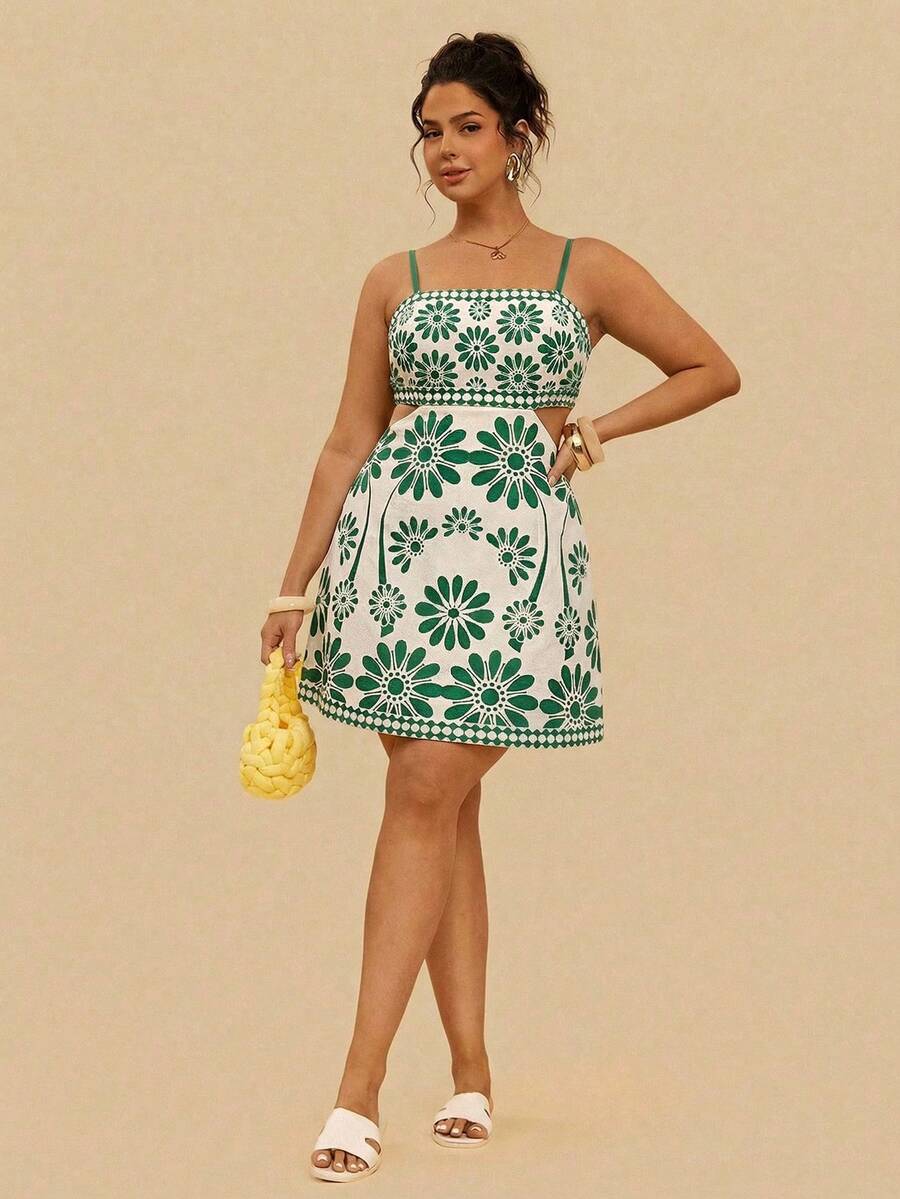 Travachic 大码女式休闲碎花镂空露背无袖夏季度假连衣裙 - 綠色 - 查看 1