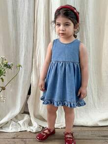 LMoss Kids 女婴蓝色牛仔露背蝴蝶结装饰宽松无袖连衣裙 - 淺色水洗藍 - 查看 6