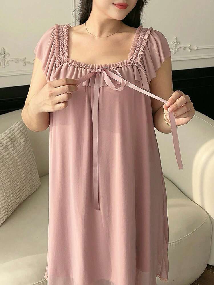 Dazy Plus Plus Size Women Ruffled Mesh Sexy Knee-Length Nightgown, Lightweight & Sweet