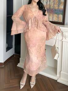 Dazy Plus Bộ đồ hai mảnh dành cho nữ cỡ lớn, thanh lịch, cổ chữ V, viền bèo họa tiết hoa, gồm áo hai dây và áo sơ mi, thích hợp cho mùa xuân/hè. - Màu Hồng baby - Xem 7