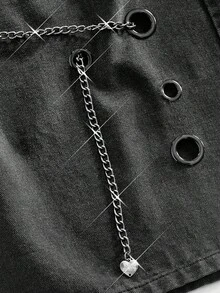 ROMWE MEN Street Life Men's Summer Casual Fashion Street Daily Commute Grommet Chain Detail Washed Denim Shorts - Black - View 4