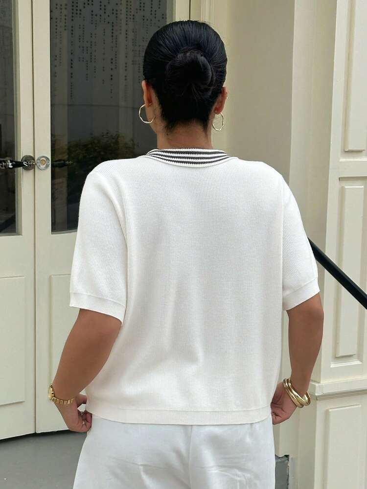 Dazy Plus Plus Size Casual Patchwork Striped Polo Collar Short Sleeve Knit Top Summer