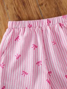 SHEIN LMoss Kids 2pcs Young Girl's Pink Elegant Woven Striped Bow Tie Vest And Shorts Set,Summer,Matching,Family Vacation,Stylish Casual Kids Outfits For Holidays - Multicolor - View 4