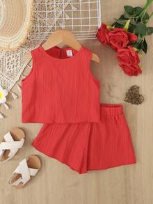 SHEIN Ensemble débardeur et short en tissu texturé de couleur unie, décontracté pour jeune fille en été, pour les vacances et les déplacements - Rouge - Voir 8