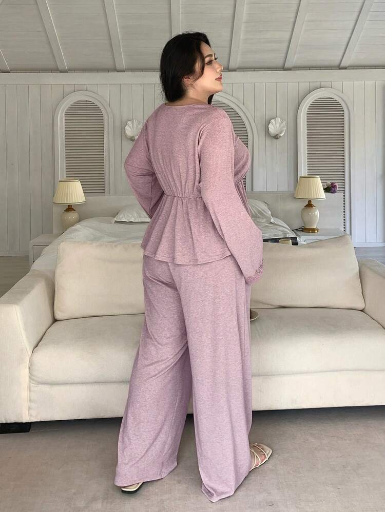 Dazy Plus Plus Size Women Solid Color Contrast Lace Long Sleeve Ruffle Hem Top And Pants Pajama Set