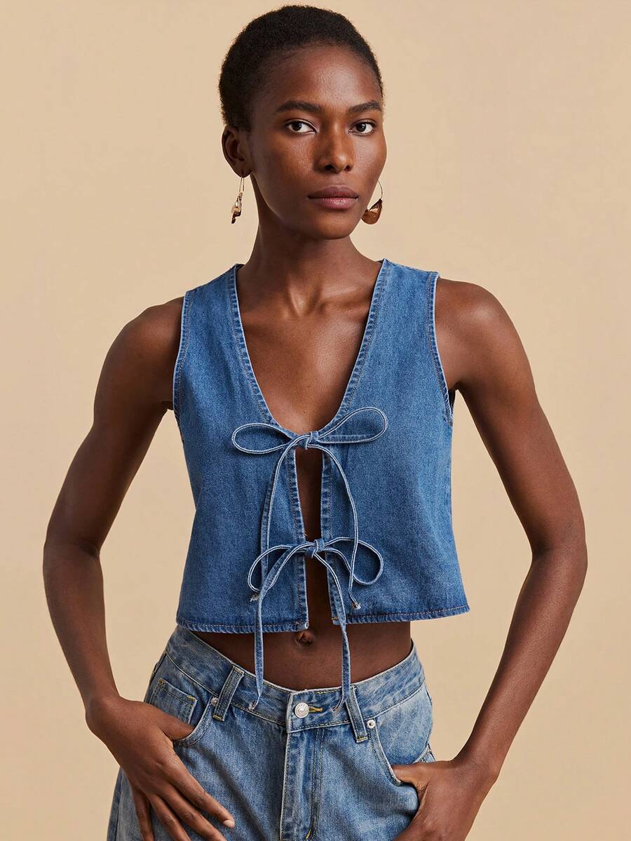 Travachic Chaleco de mezclilla de moda con cuello en V y lazo delantero para mujer - Azul lavado medio - Ver 1