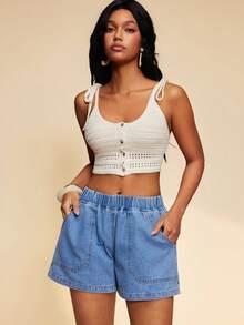 Travachic 女士休闲弹力腰牛仔短裤，夏季 - 淺色水洗藍 - 查看 6