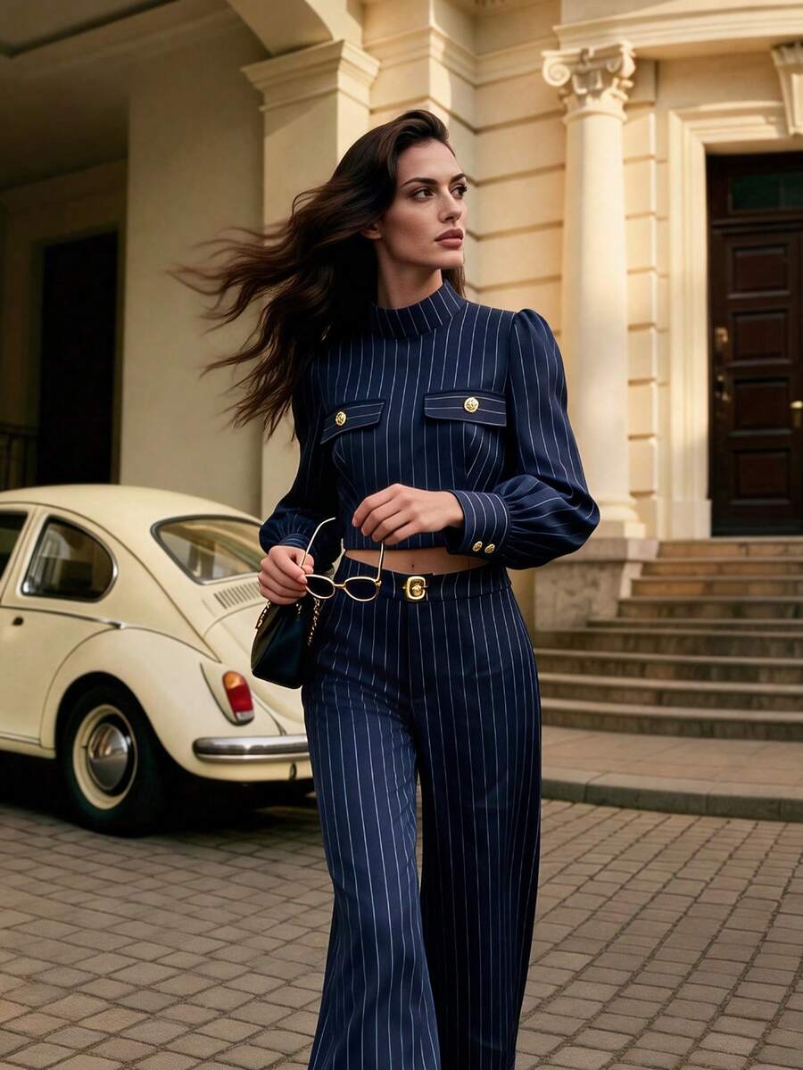 Anewsta Conjunto de 2 piezas para mujer compuesto por una blusa de manga larga con cuello mao y bolsillo, y pantalones rectos con ligera campana, ambos con diseño de rayas, en estilo minimalista moderno francés - Azul Marino - Ver 1