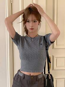 DAZY Letter Embroidery Cable Knit Top - Grey - View 4