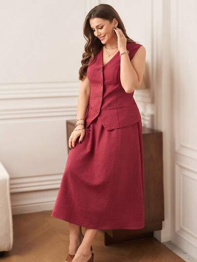 EMERY ROSE 大码女装两件套：纯色单排扣马甲和半裙，休闲通勤装/夏季/优雅