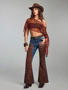 ROMWE Hippie 女士复古西部牛仔嬉皮风二合一麂皮拼接铆钉喇叭牛仔裤 - 藍色 - 查看 7