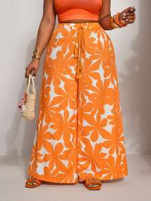 Slaydiva 音乐节度假胜地女士全长印花阔腿裤 - 橘色 - 查看 3