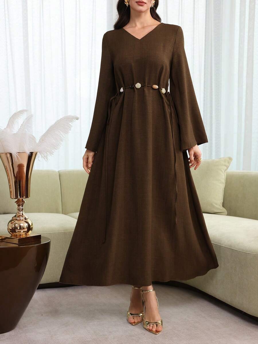 Yasmyna Women's Spring/Summer Woven Long Sleeve Tie-Waist Beaded A-Line Elegant Casual Turkish Maxi Dress & Arabic Traditional Abaya - Brown - View 1