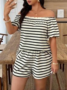 SHEIN LUNE Plus Size Women's Strapless Frill Trim Striped Shorts Set, Spring/Summer - Multicolor - View 3