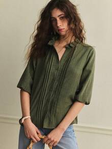 Écloséra 法式复古V领荷叶边灯笼袖纽扣衬衫，女士绿色休闲度假衬衫 - 綠色 - 查看 6