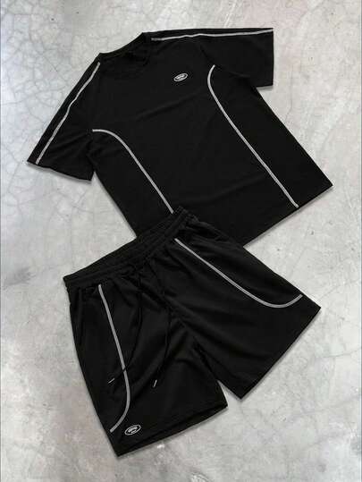 PAVTROS 男士字母印花圆领短袖休闲T恤和抽绳腰短裤套装