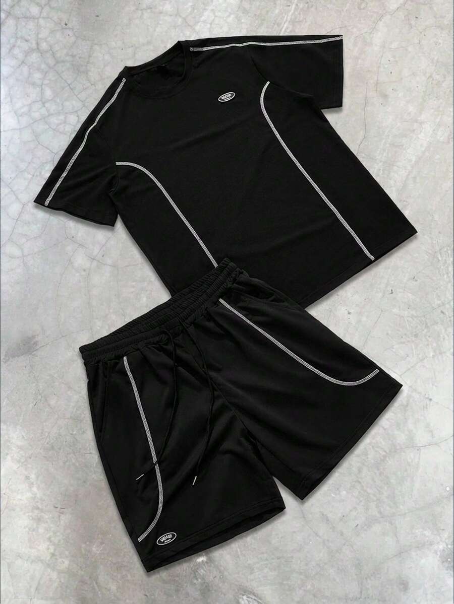 PAVTROS Men's Letter Print Round Neck Short Sleeve Casual T-Shirt And Drawstring Waist Shorts Set - Black - View 1