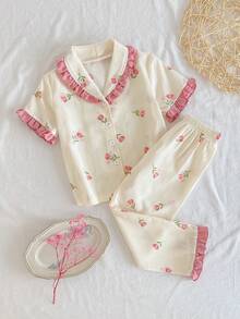 2件套 女童碎花短袖上衣和裤子 舒适睡衣 - 粉色 - 查看 3