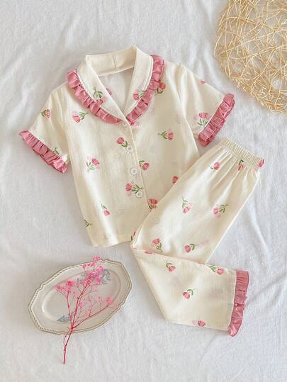 2pcs/Set Young Girl' Floral Print Short Sleeve Top And Pants Comfortable Pajamas