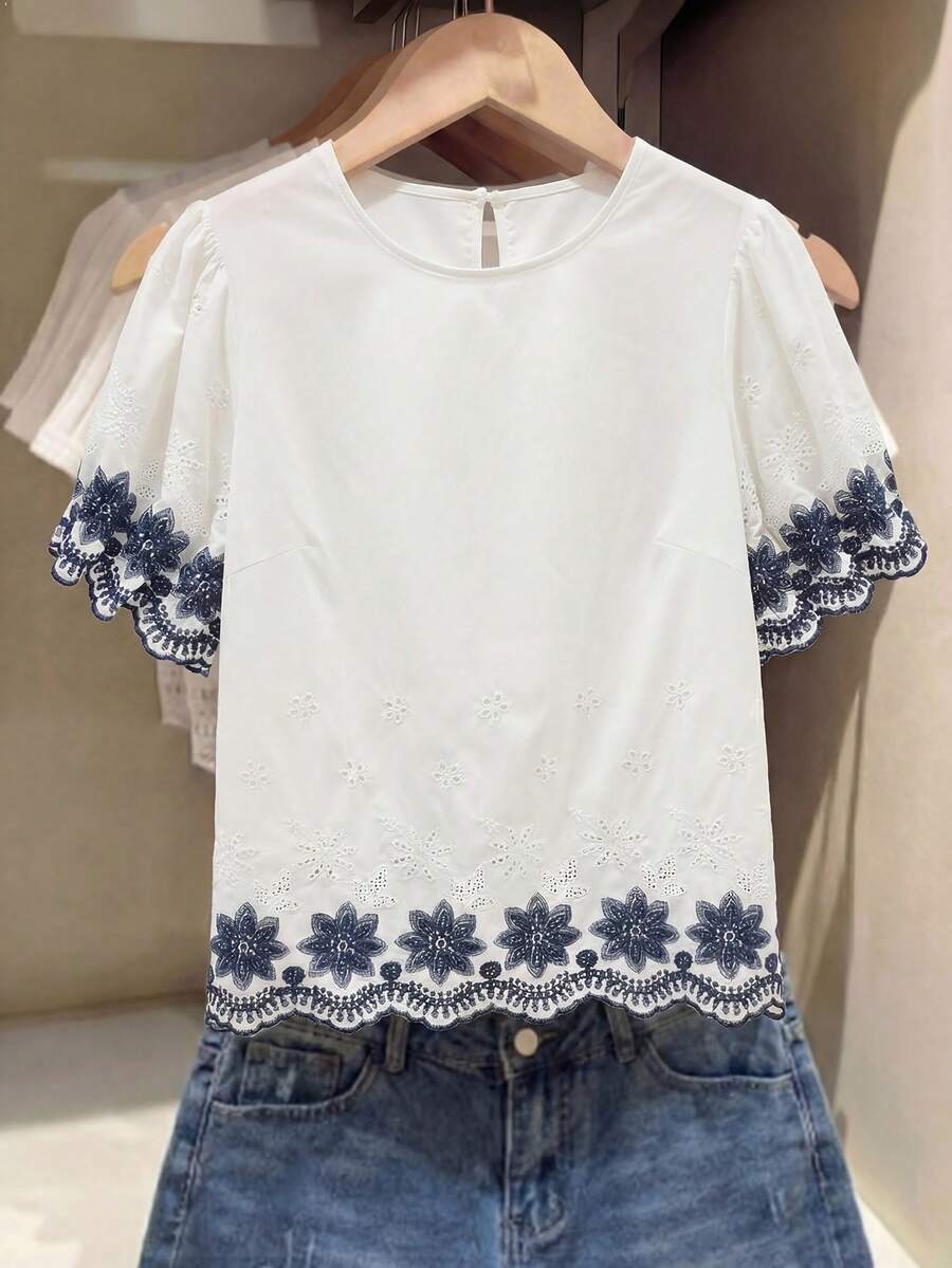 SHEIN Frenchy 大码女式休闲刺绣下摆衬衫，百搭日常穿着 - 白色 - 查看 1