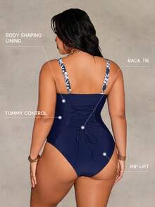 Shapewave 2026 New Summer Beach Vacation Casual Conservative Drawstring Back One-Piece Plus Size Swimsuit - Blue and White - View 2