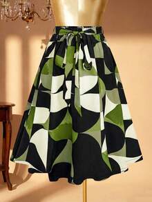 Rometta Plus Size Women Elegant Geometric Print Pattern Skirt - Army Green - View 3