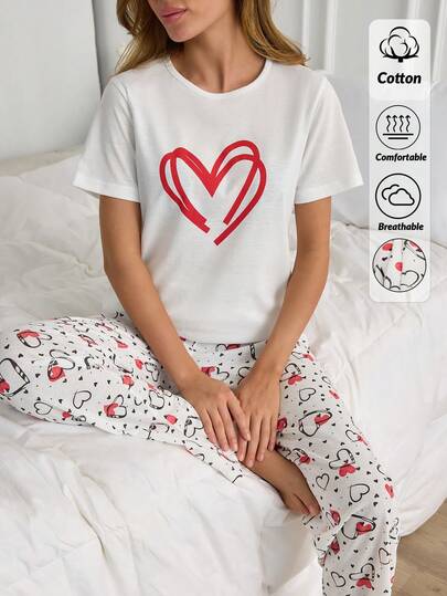 SHEIN Cotton Line Women Casual Solid Color Red Heart Pattern Round Neck Short Sleeve Top And Long Length Pants